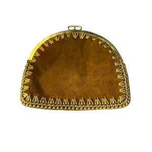 Vintage Neiman Marcus Made in Spain BOHO brown Suede Leather Gold Frame Clutch